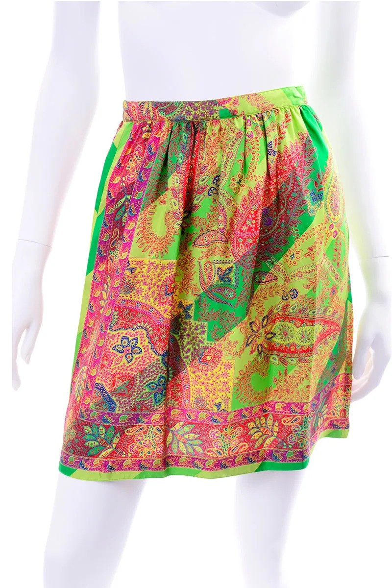 1994 Gianni Versace Silk Scarf Print Skirt in Yellow, Green and Pink Red