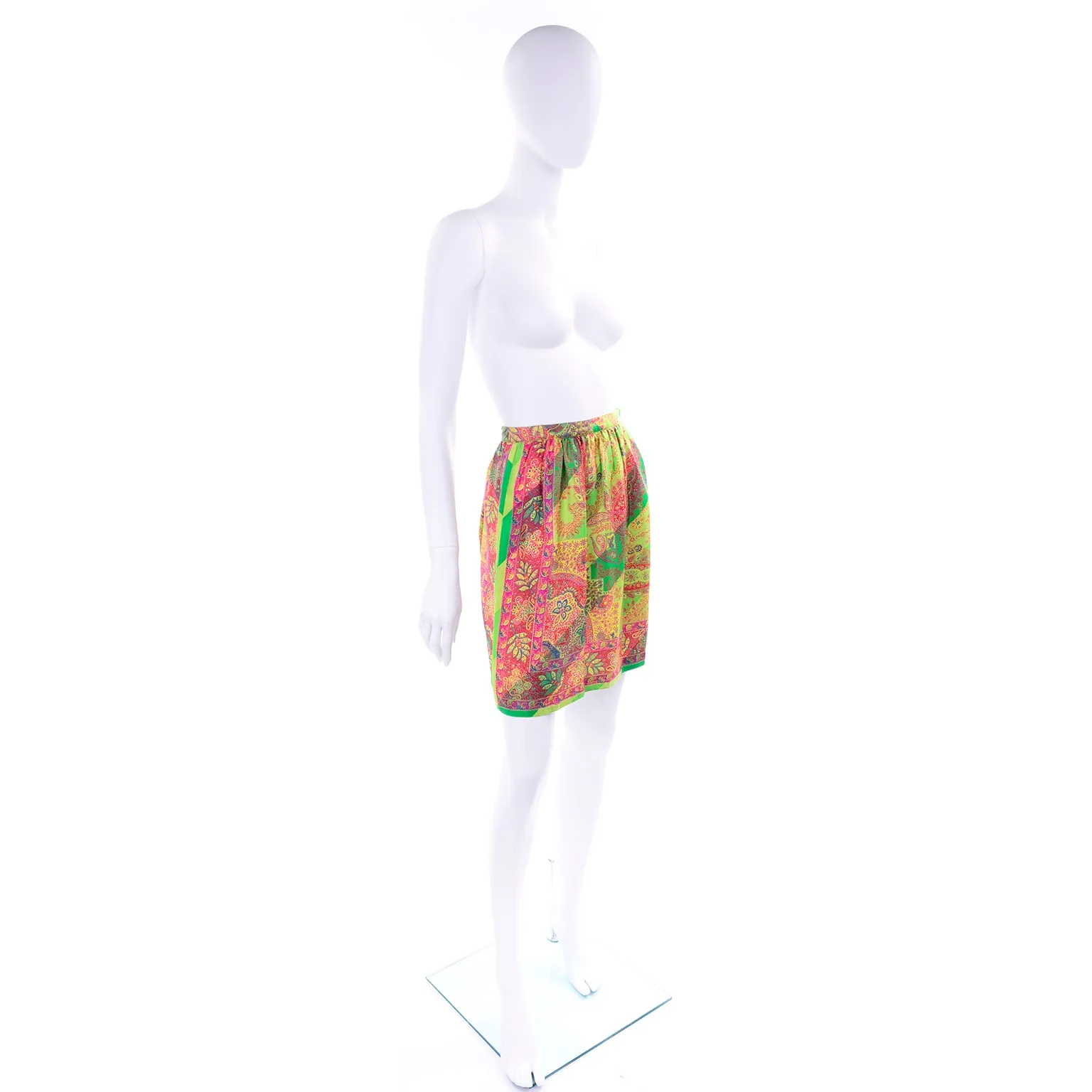 1994 Gianni Versace Silk Scarf Print Skirt in Yellow, Green and Pink Red