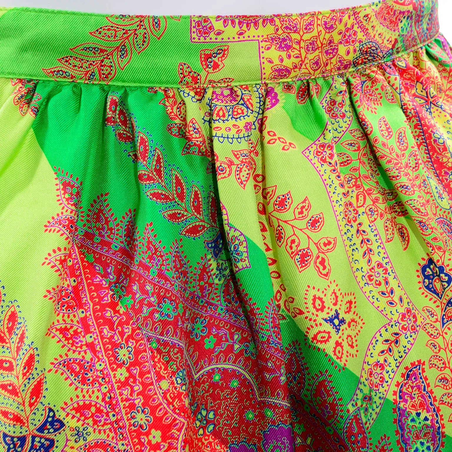 1994 Gianni Versace Silk Scarf Print Skirt in Yellow, Green and Pink Red
