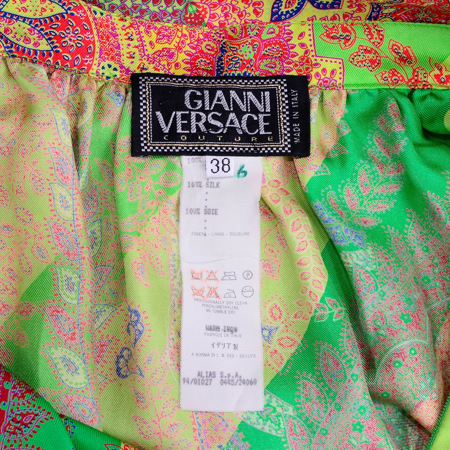 1994 Gianni Versace Silk Scarf Print Skirt in Yellow, Green and Pink Red