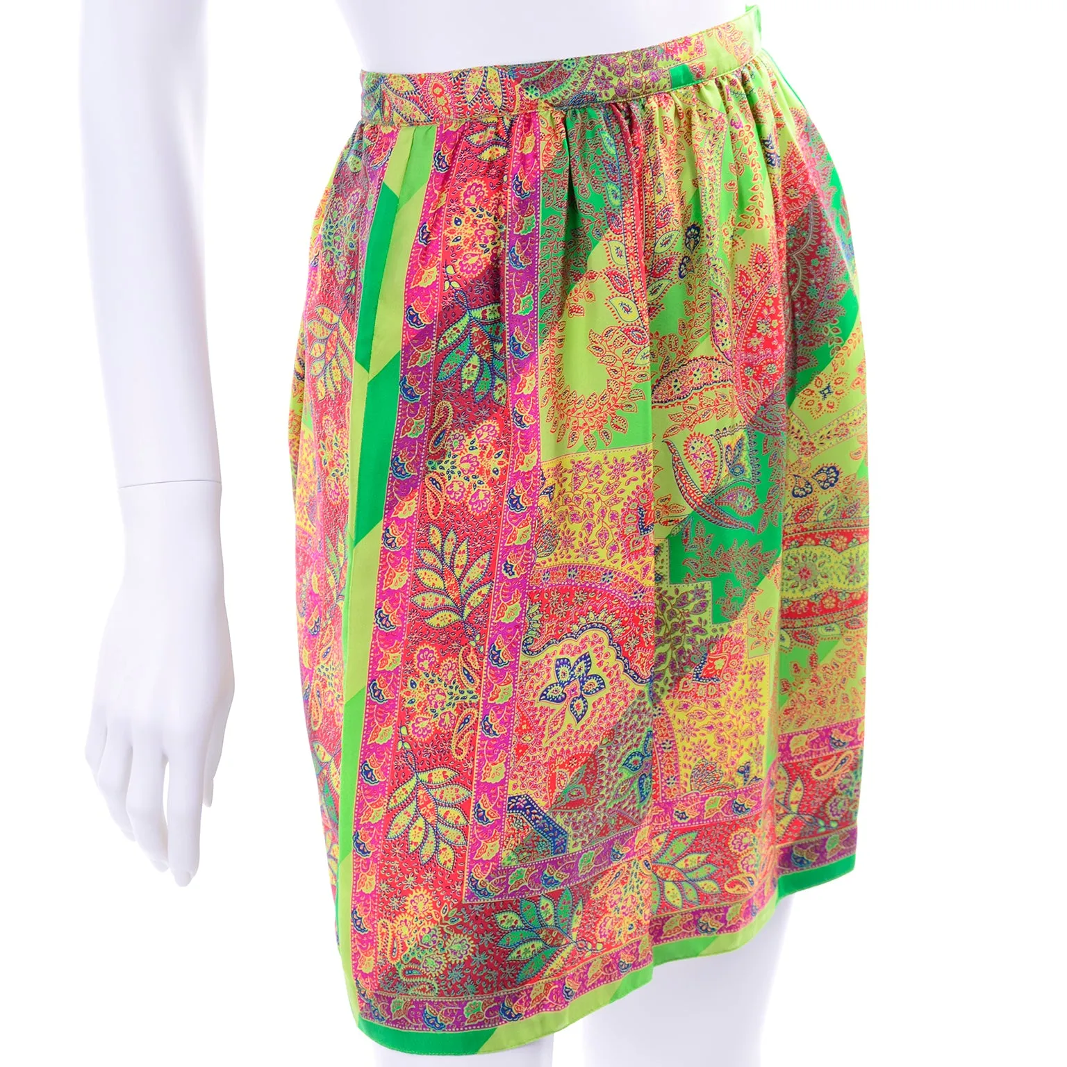 1994 Gianni Versace Silk Scarf Print Skirt in Yellow, Green and Pink Red