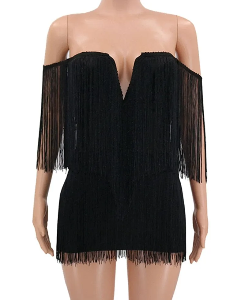 2018 Summer Women Bandage Dress Elegant Club Party Dress Sexy V Neck Off Shoulder Tassel Mini Fringe Club Dresses Vestidos