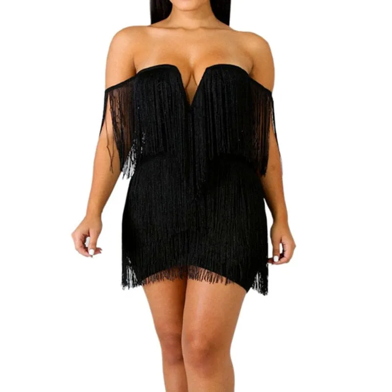 2018 Summer Women Bandage Dress Elegant Club Party Dress Sexy V Neck Off Shoulder Tassel Mini Fringe Club Dresses Vestidos