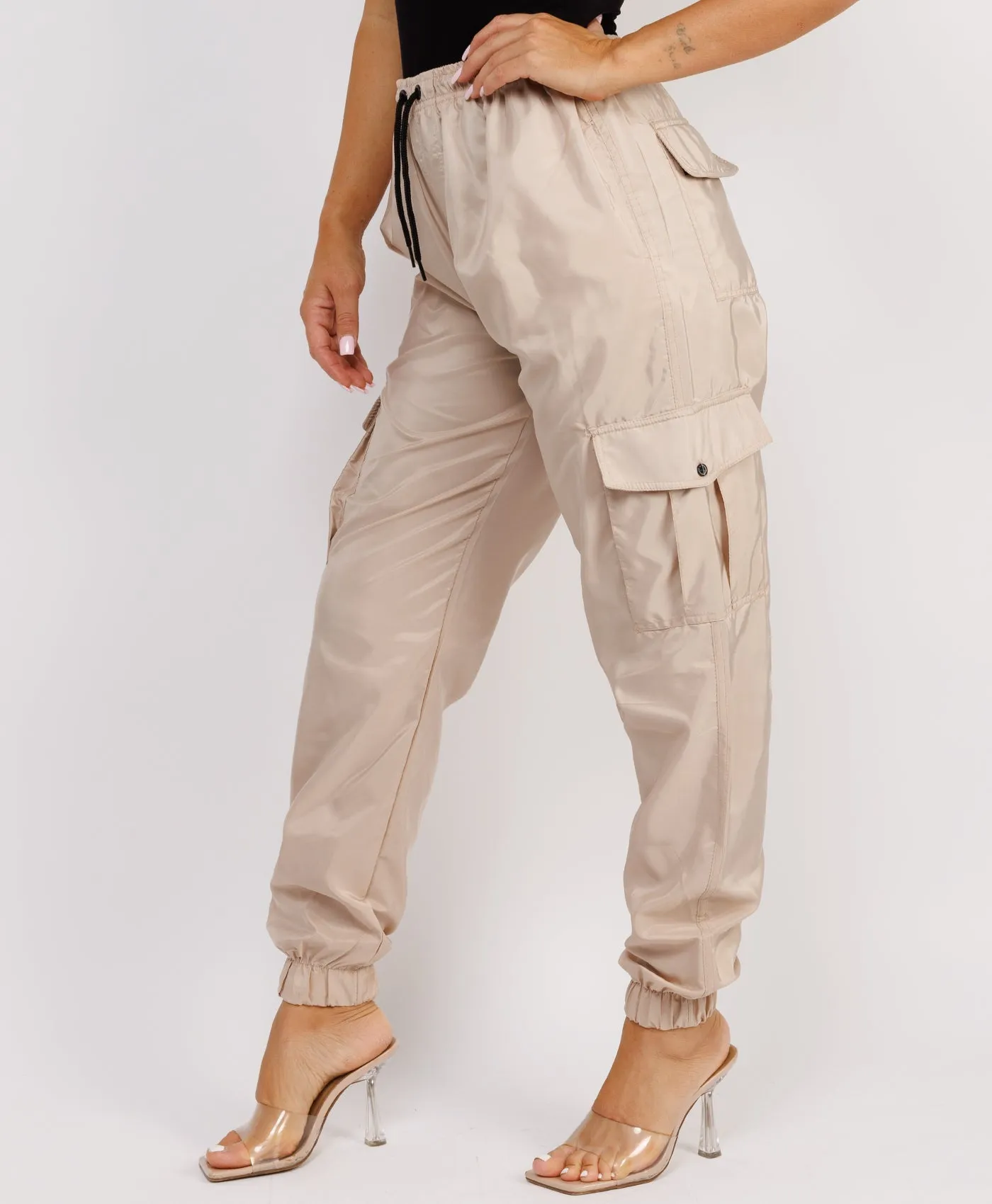 Beige Shell Cuffed Pocketed Cargo Trousers
