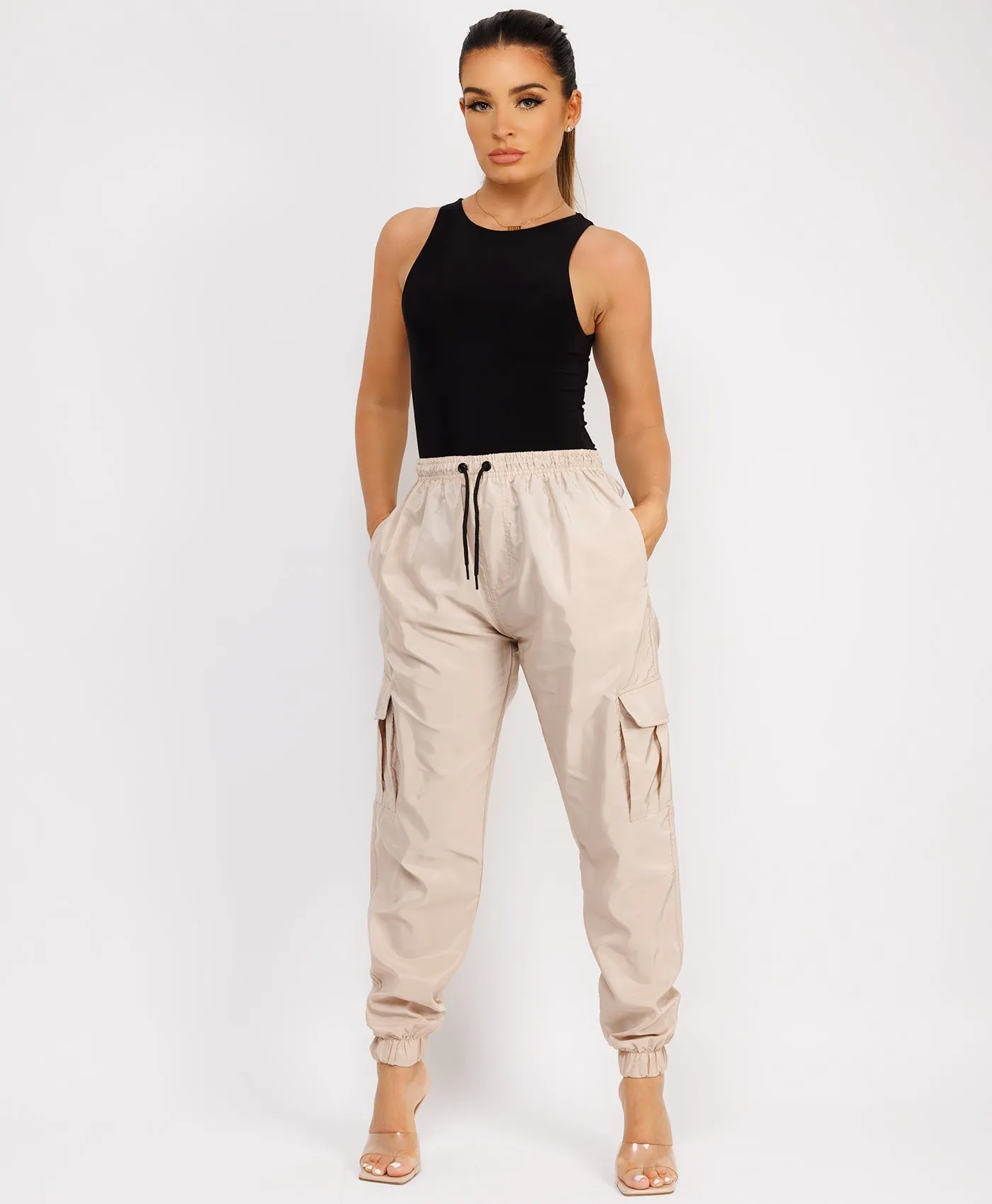 Beige Shell Cuffed Pocketed Cargo Trousers