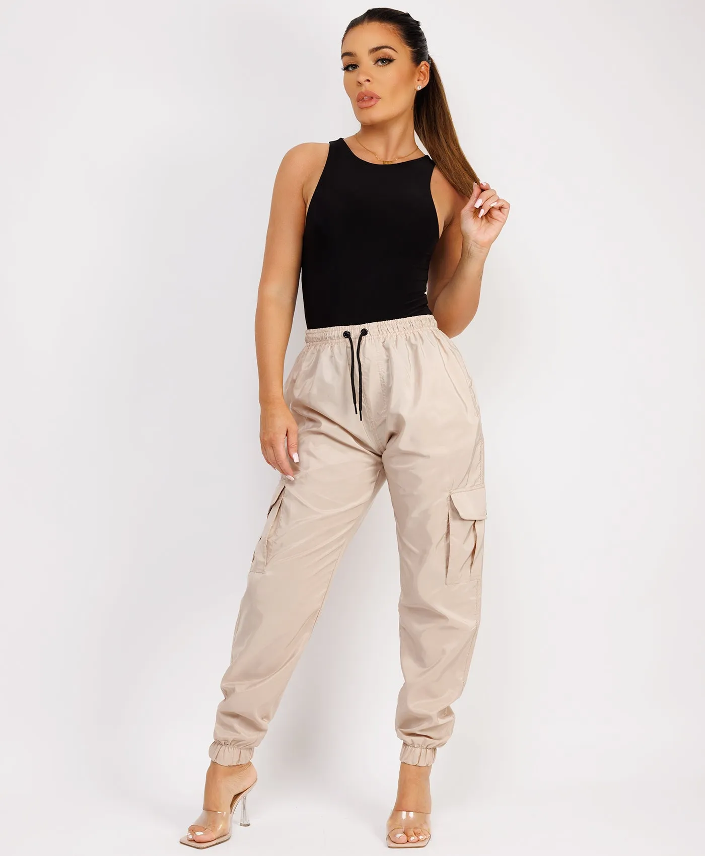 Beige Shell Cuffed Pocketed Cargo Trousers