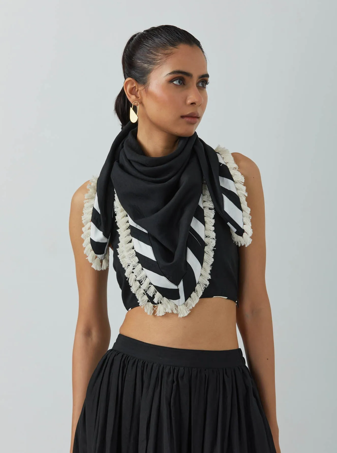 Black Chanderi Zade Bralette With Full Length Skirt And Scarf (Set Of 3)