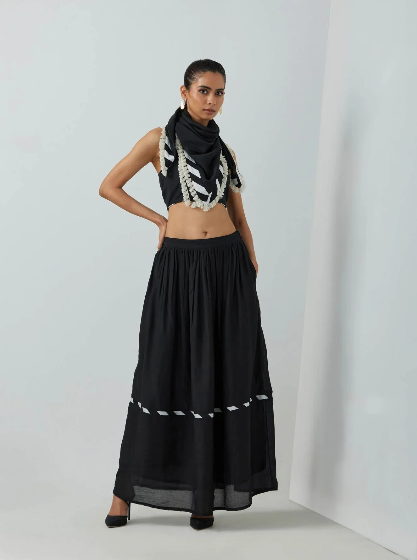 Black Chanderi Zade Bralette With Full Length Skirt And Scarf (Set Of 3)
