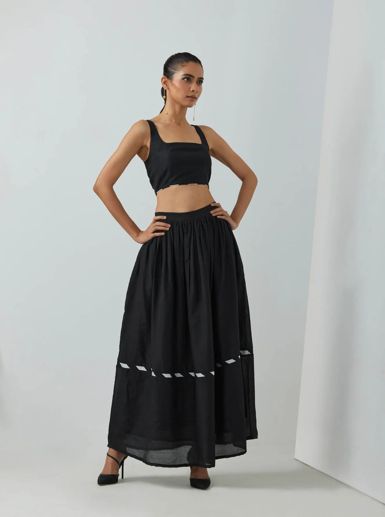 Black Chanderi Zade Bralette With Full Length Skirt And Scarf (Set Of 3)