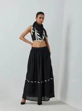 Black Chanderi Zade Bralette With Full Length Skirt And Scarf (Set Of 3)