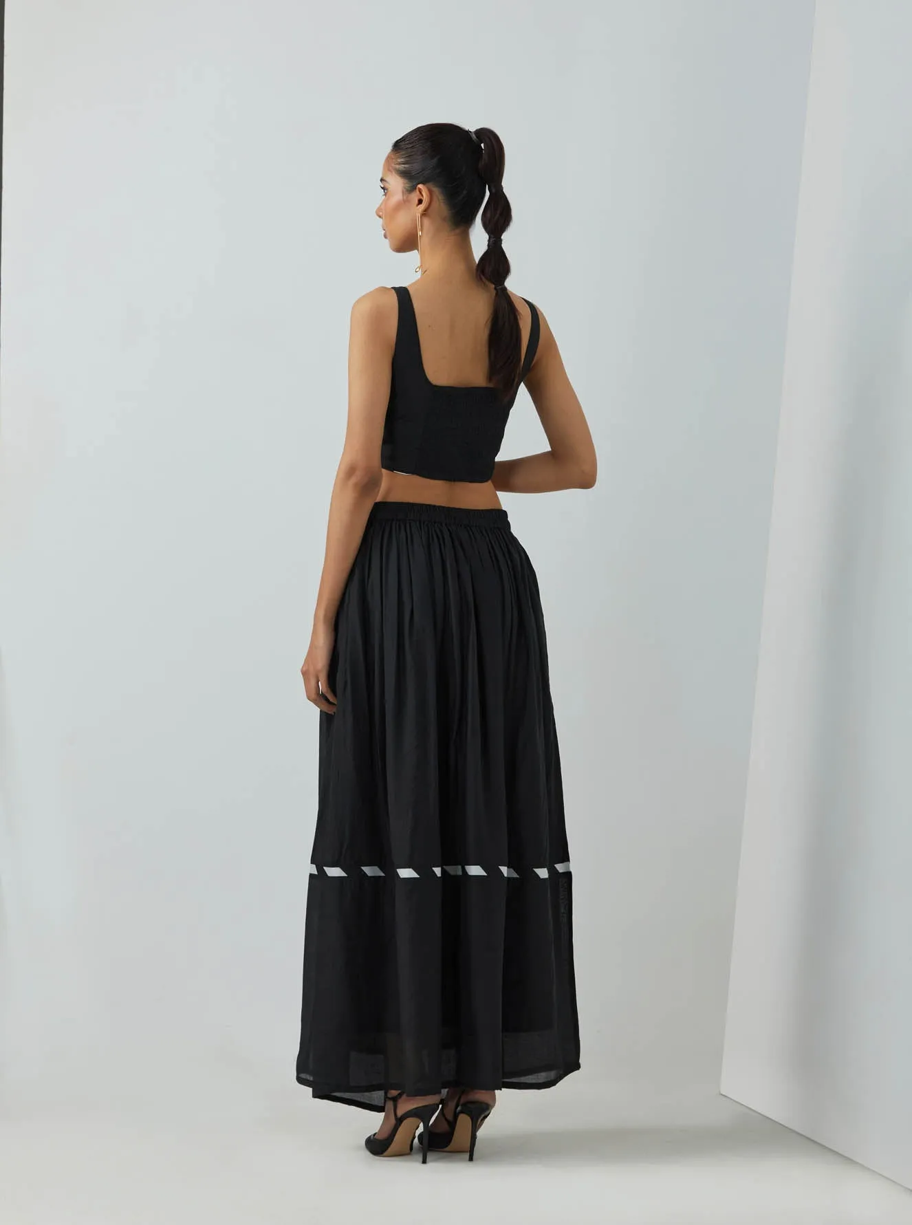 Black Chanderi Zade Bralette With Full Length Skirt And Scarf (Set Of 3)