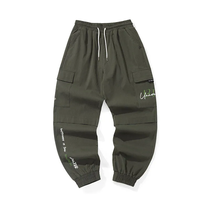 Cargo style letter print loose straight leg stretch leg casual pants