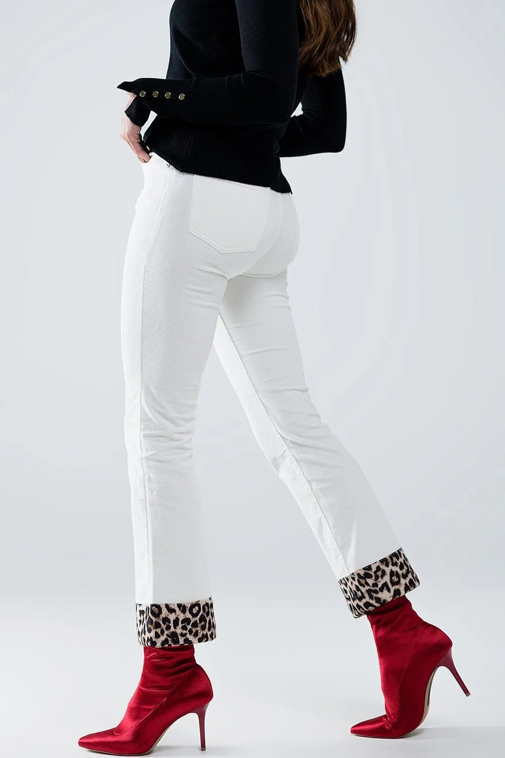 Cream Corduroy Flare Pants With Leopard Print At The Bottom