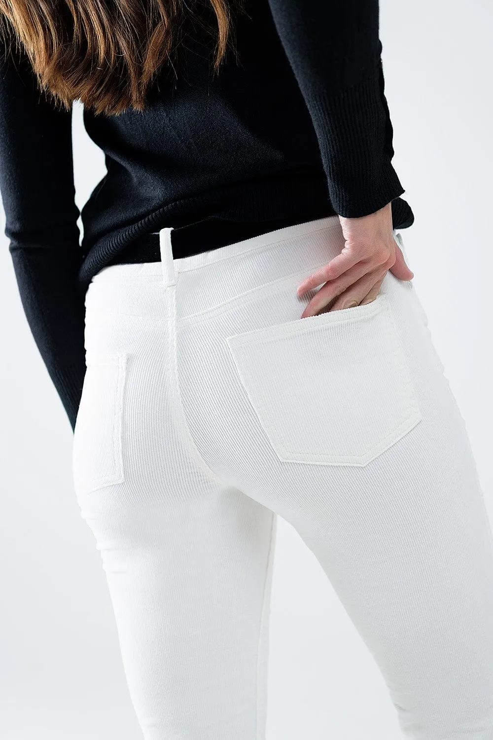 Cream Corduroy Flare Pants With Leopard Print At The Bottom
