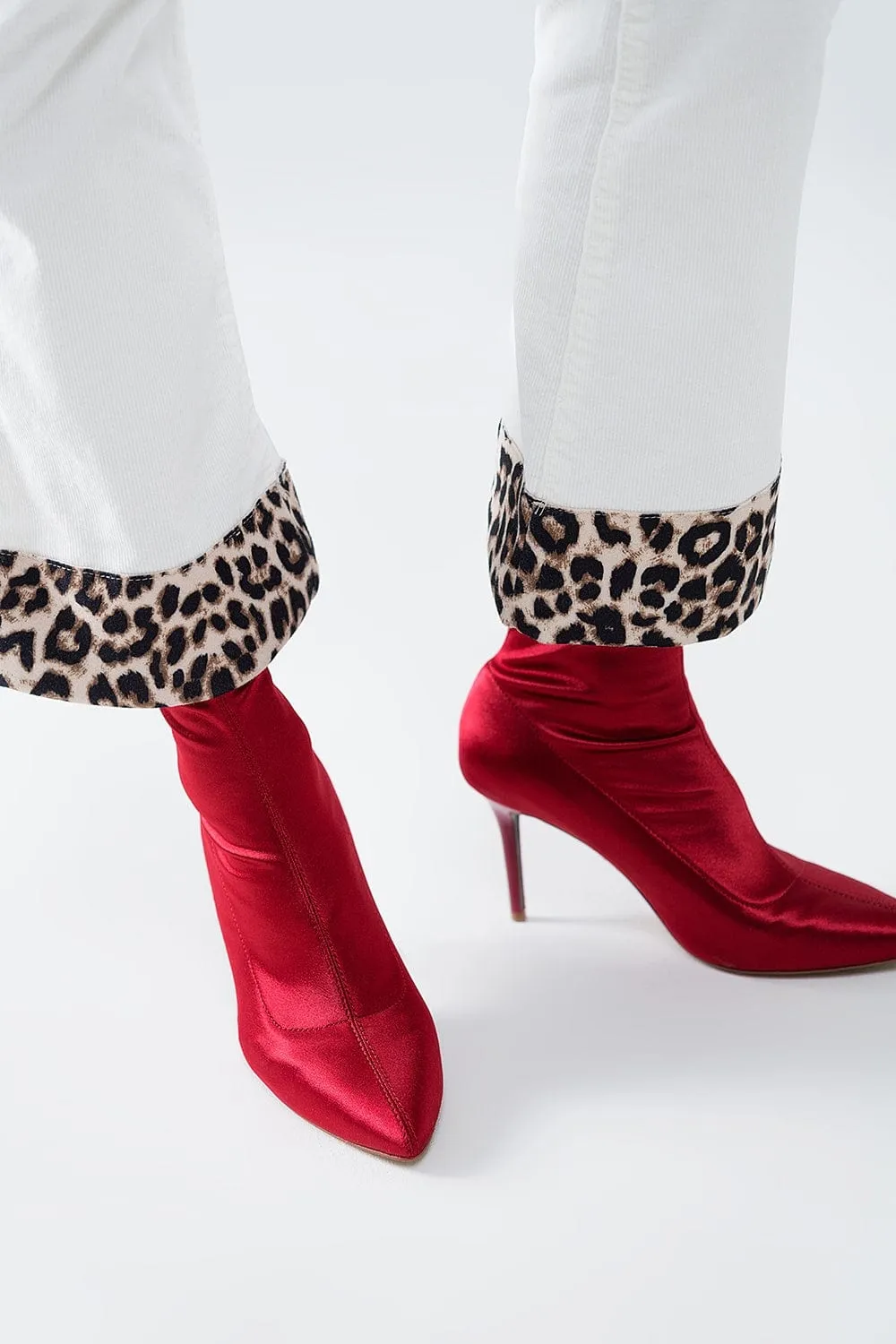 Cream Corduroy Flare Pants With Leopard Print At The Bottom