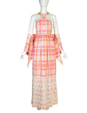 Donald Brooks Vintage Pink Multicolor Plaid Floral Embroidered Halter Dress with Matching Shawl