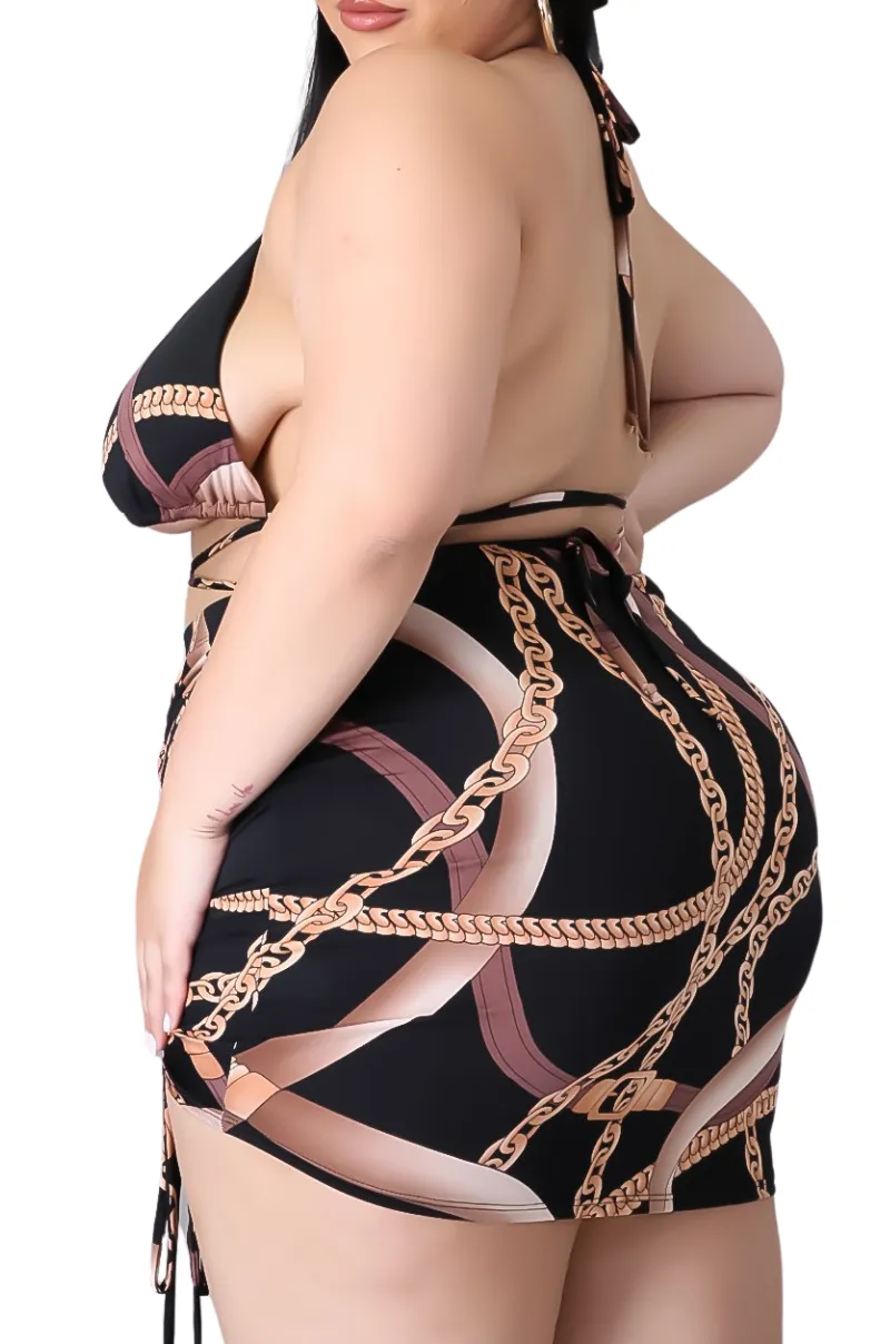 Final Sale Plus Size 4pc Set Bikini Top Poolside Playsuit with Chain Print