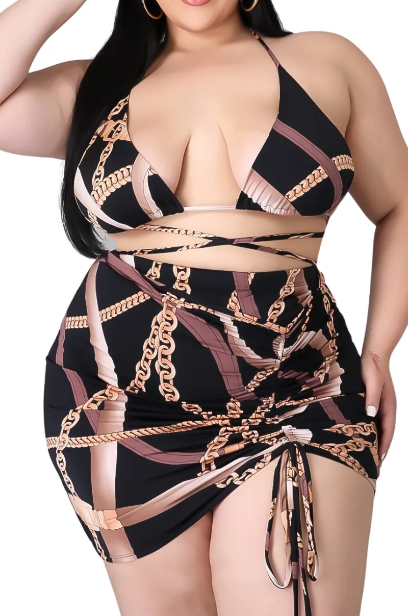 Final Sale Plus Size 4pc Set Bikini Top Poolside Playsuit with Chain Print
