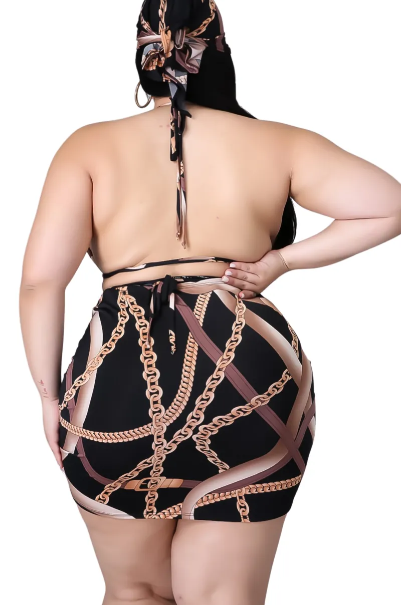 Final Sale Plus Size 4pc Set Bikini Top Poolside Playsuit with Chain Print