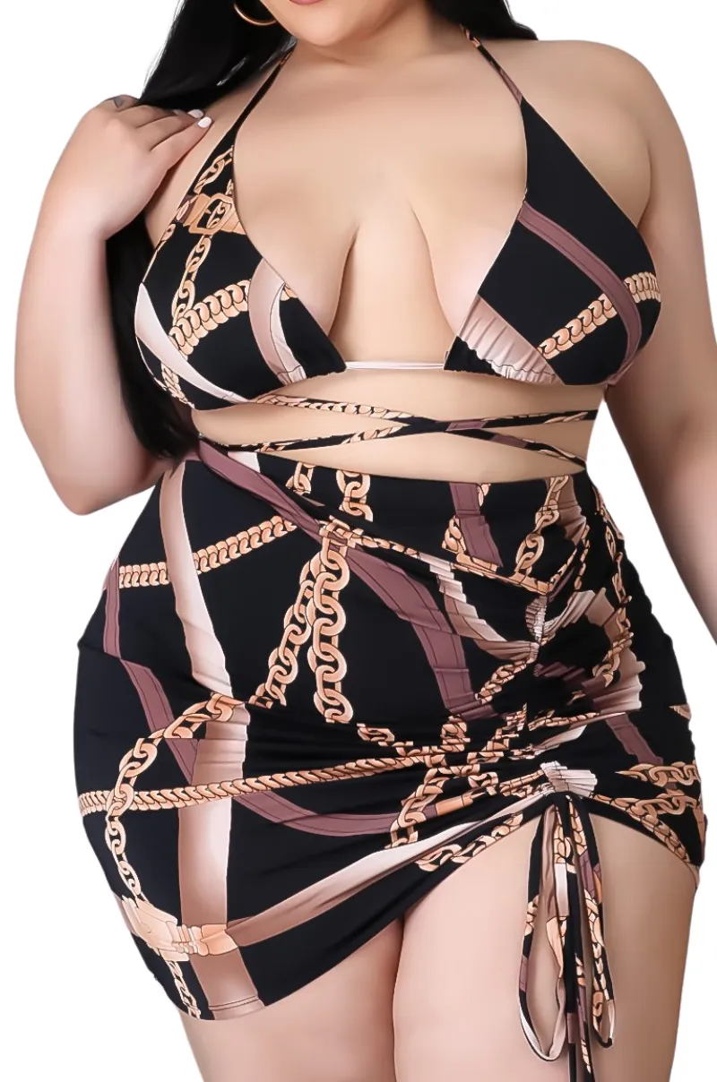 Final Sale Plus Size 4pc Set Bikini Top Poolside Playsuit with Chain Print
