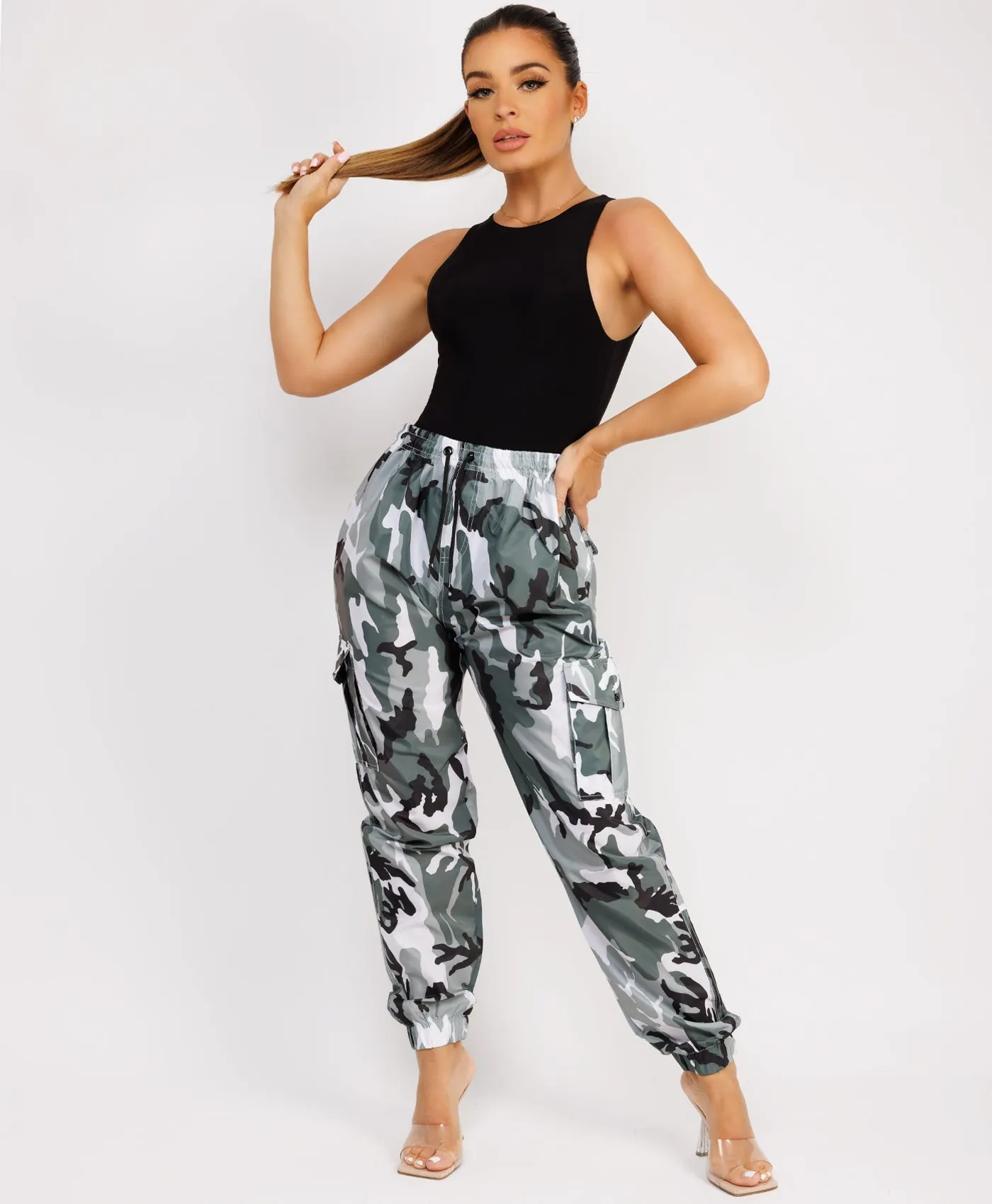 Grey Camo Shell Cuffed Pocketed Cargo Trousers
