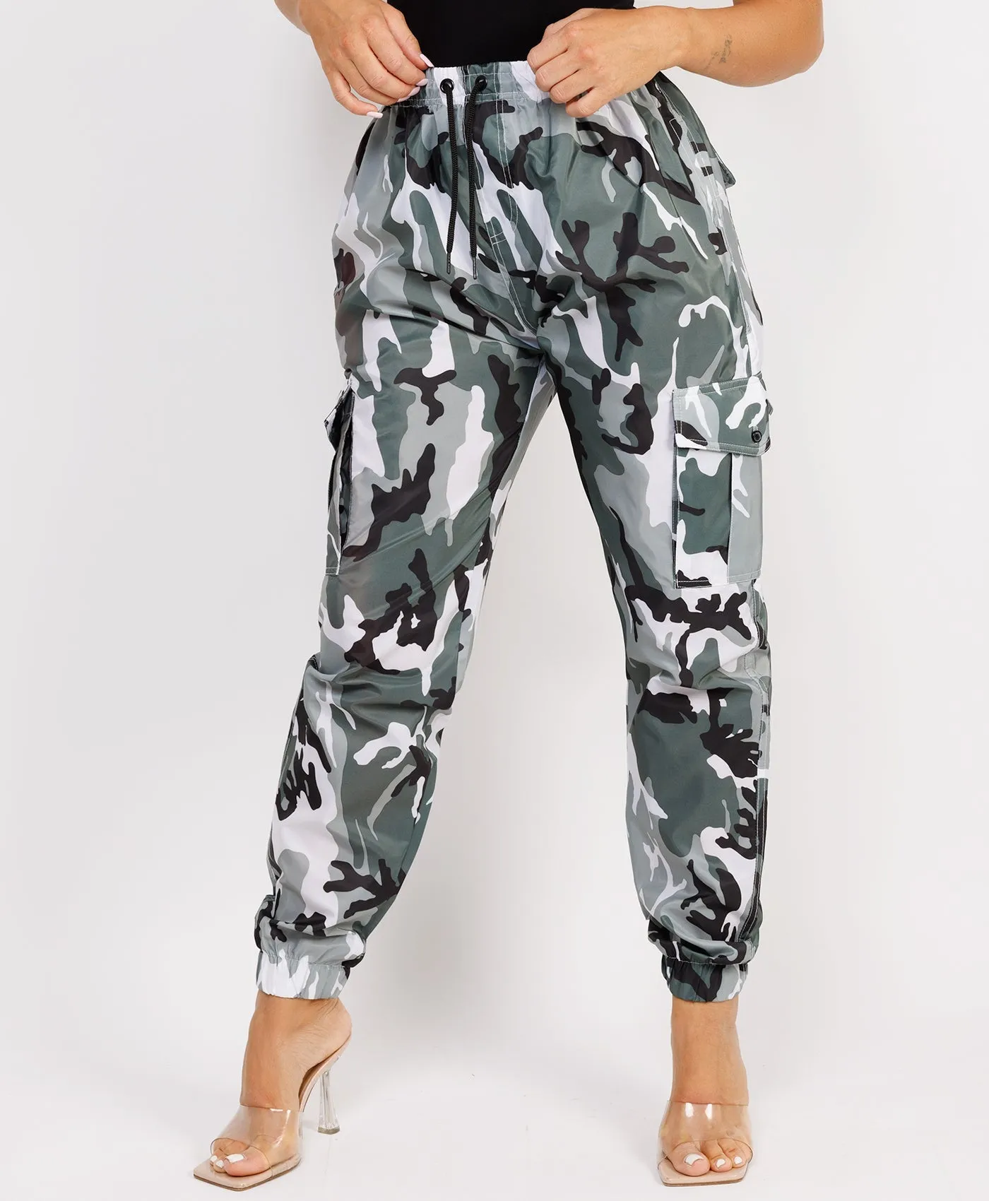 Grey Camo Shell Cuffed Pocketed Cargo Trousers