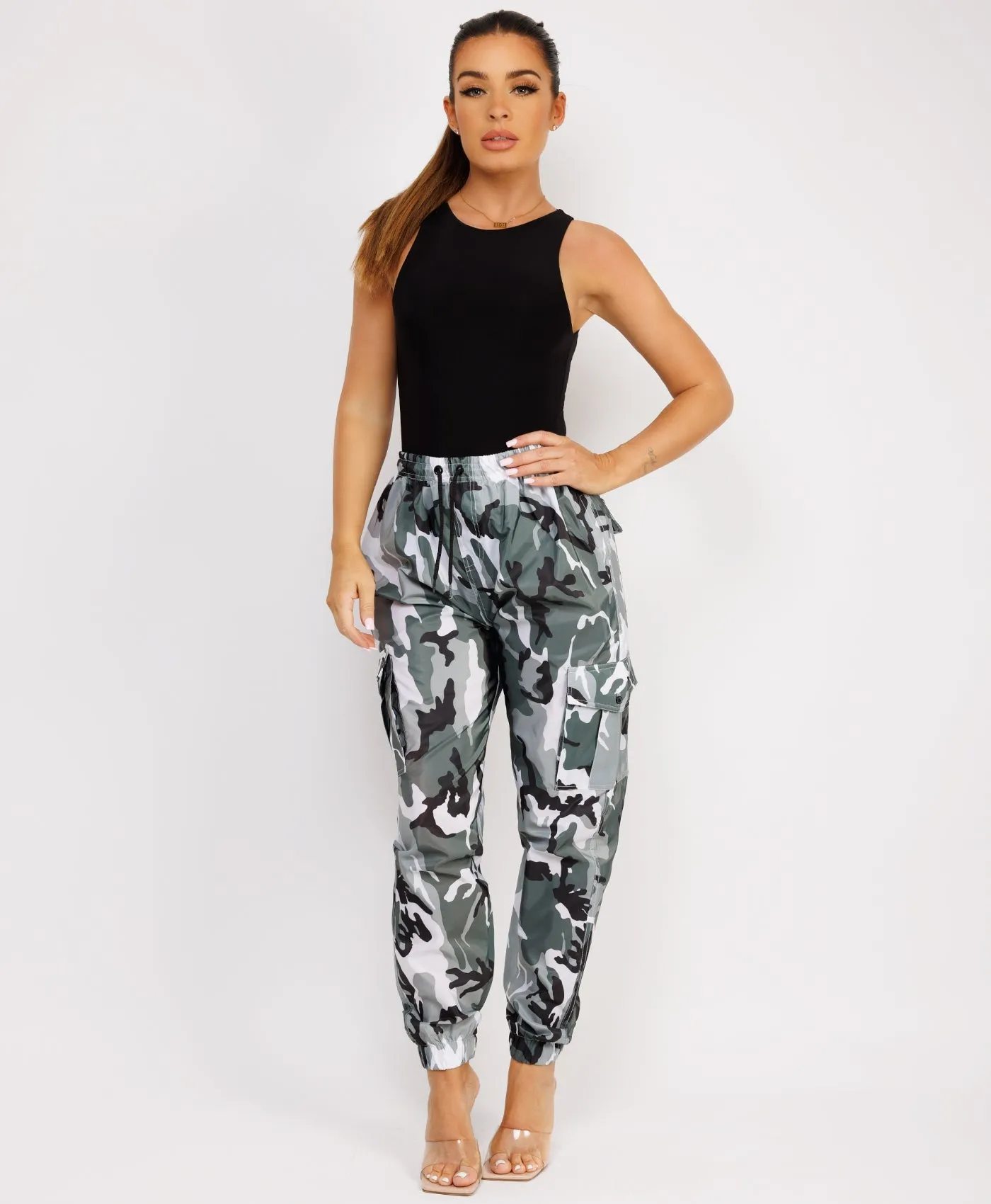Grey Camo Shell Cuffed Pocketed Cargo Trousers