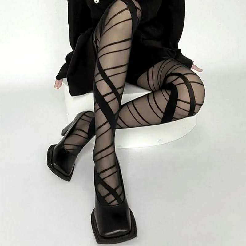 Irregular bandage sheer mesh tights