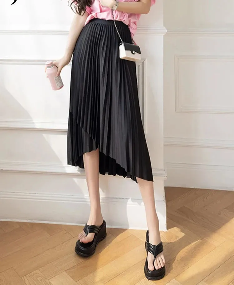 Irregular Pleated Skirt Women's Spring Summer New High-Waisted A-Line Thin Elastic Waist Mid-Length Skirt Women