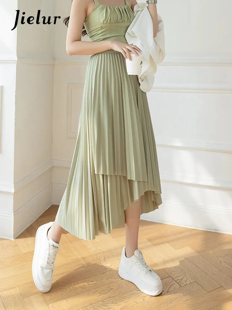 Irregular Pleated Skirt Women's Spring Summer New High-Waisted A-Line Thin Elastic Waist Mid-Length Skirt Women