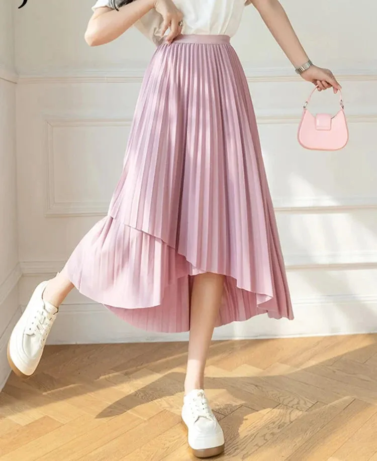 Irregular Pleated Skirt Women's Spring Summer New High-Waisted A-Line Thin Elastic Waist Mid-Length Skirt Women