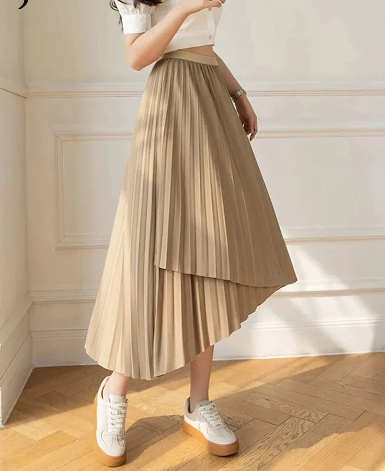 Irregular Pleated Skirt Women's Spring Summer New High-Waisted A-Line Thin Elastic Waist Mid-Length Skirt Women