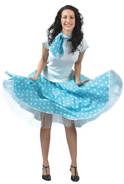 Ladies 50s Blue Polka Dot Rockabilly Skirt Fancy Dress Rock n Roll Costume