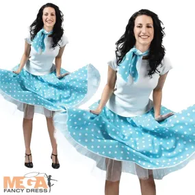Ladies 50s Blue Polka Dot Rockabilly Skirt Fancy Dress Rock n Roll Costume