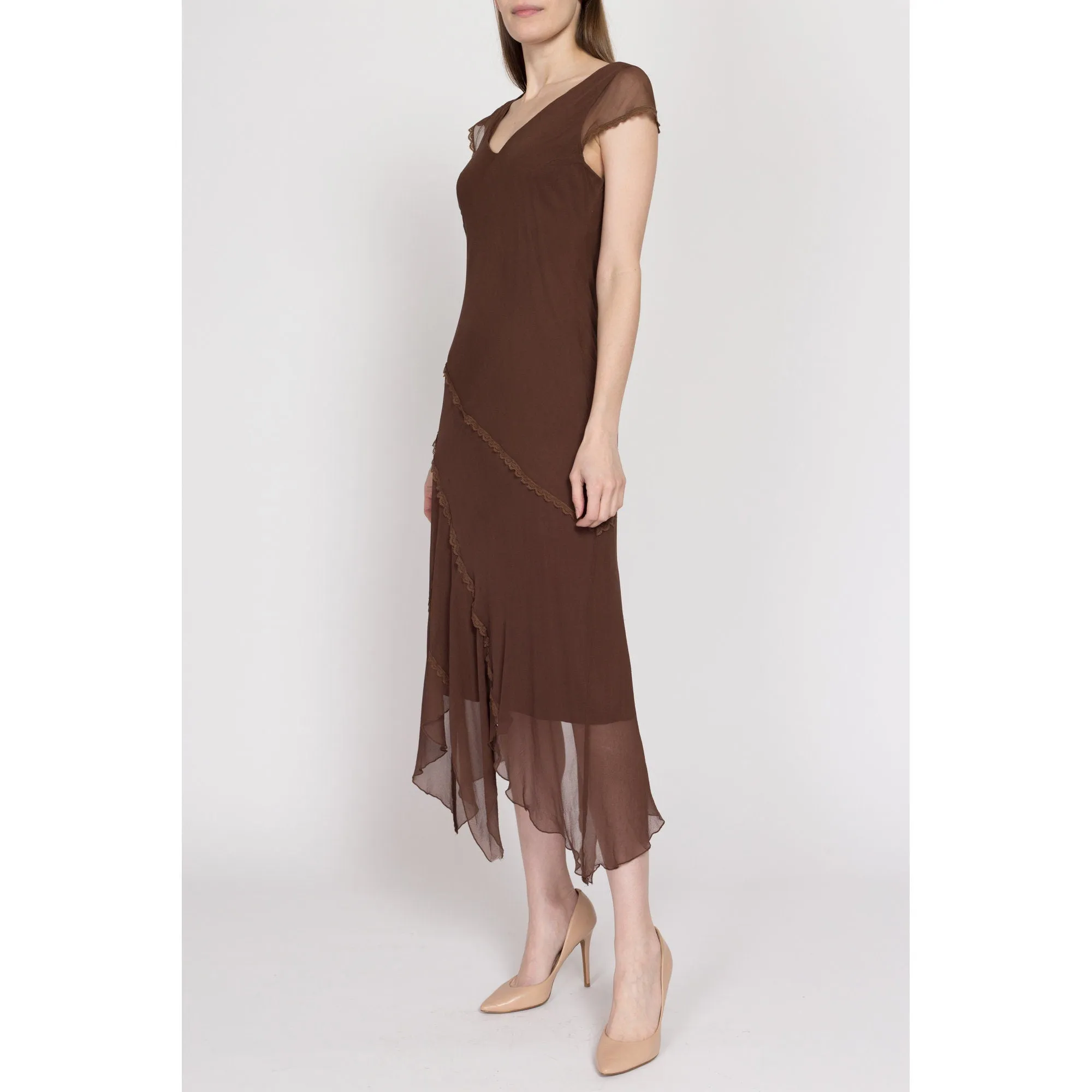 Medium 90s Brown Silk Scarf Hem Party Dress