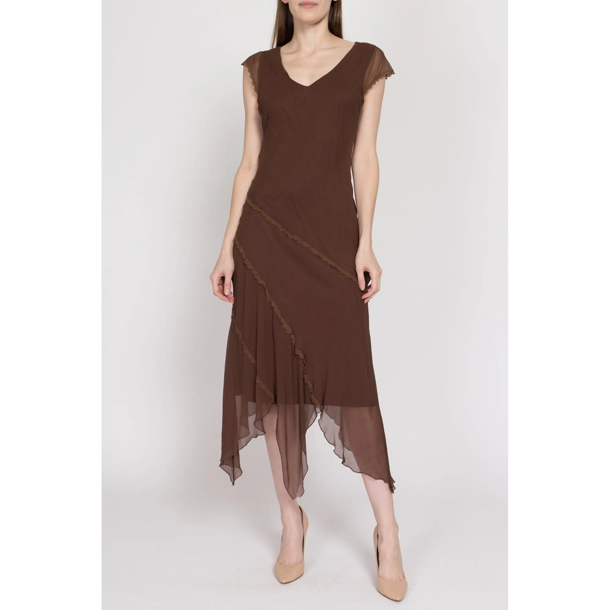 Medium 90s Brown Silk Scarf Hem Party Dress