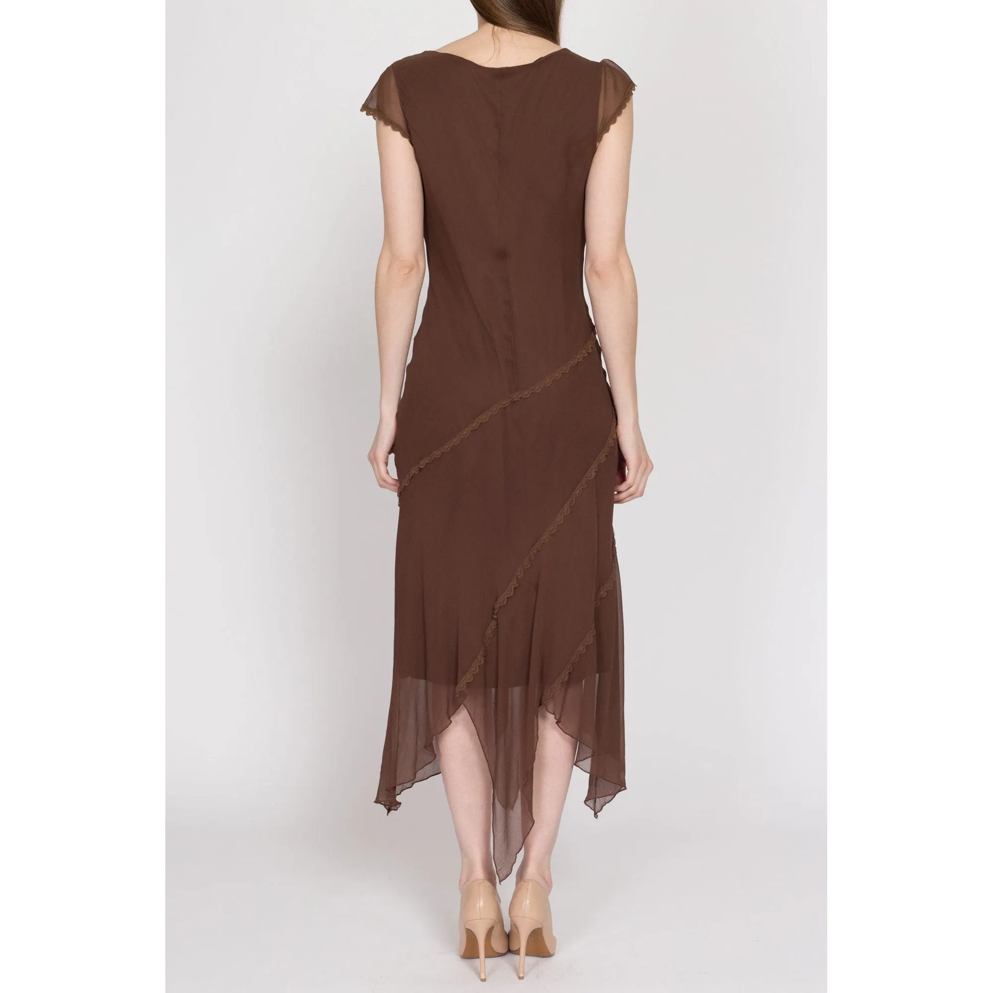 Medium 90s Brown Silk Scarf Hem Party Dress