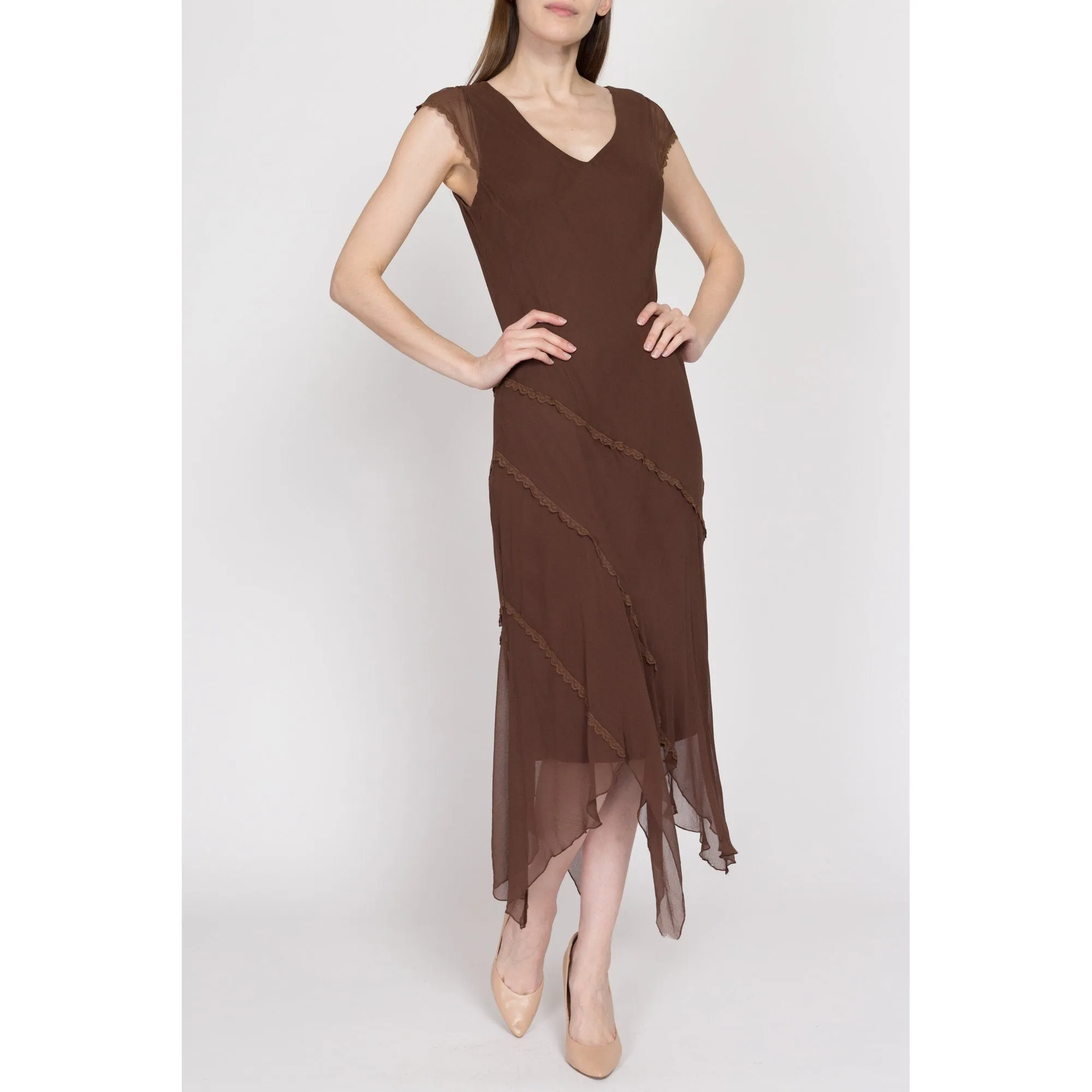 Medium 90s Brown Silk Scarf Hem Party Dress