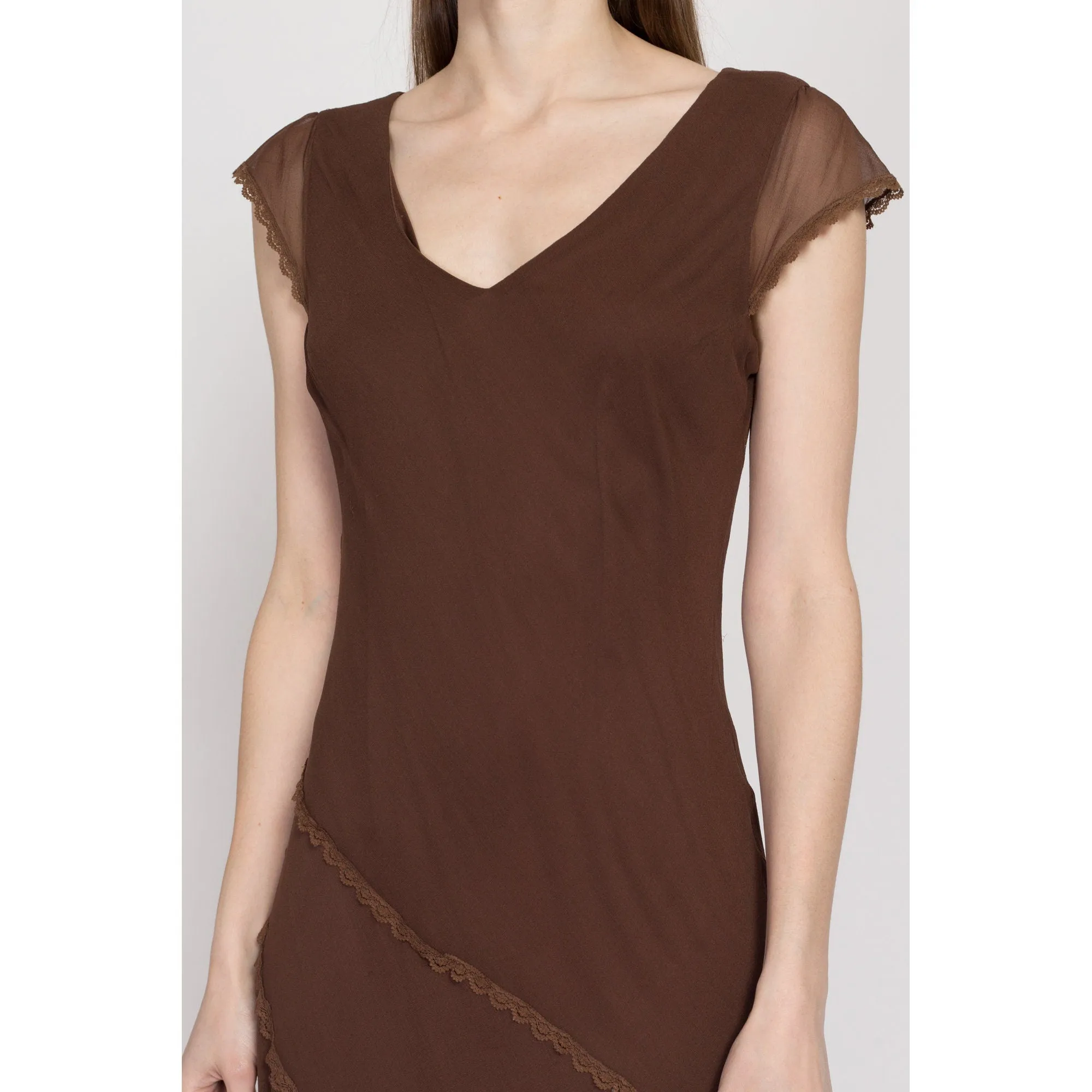 Medium 90s Brown Silk Scarf Hem Party Dress