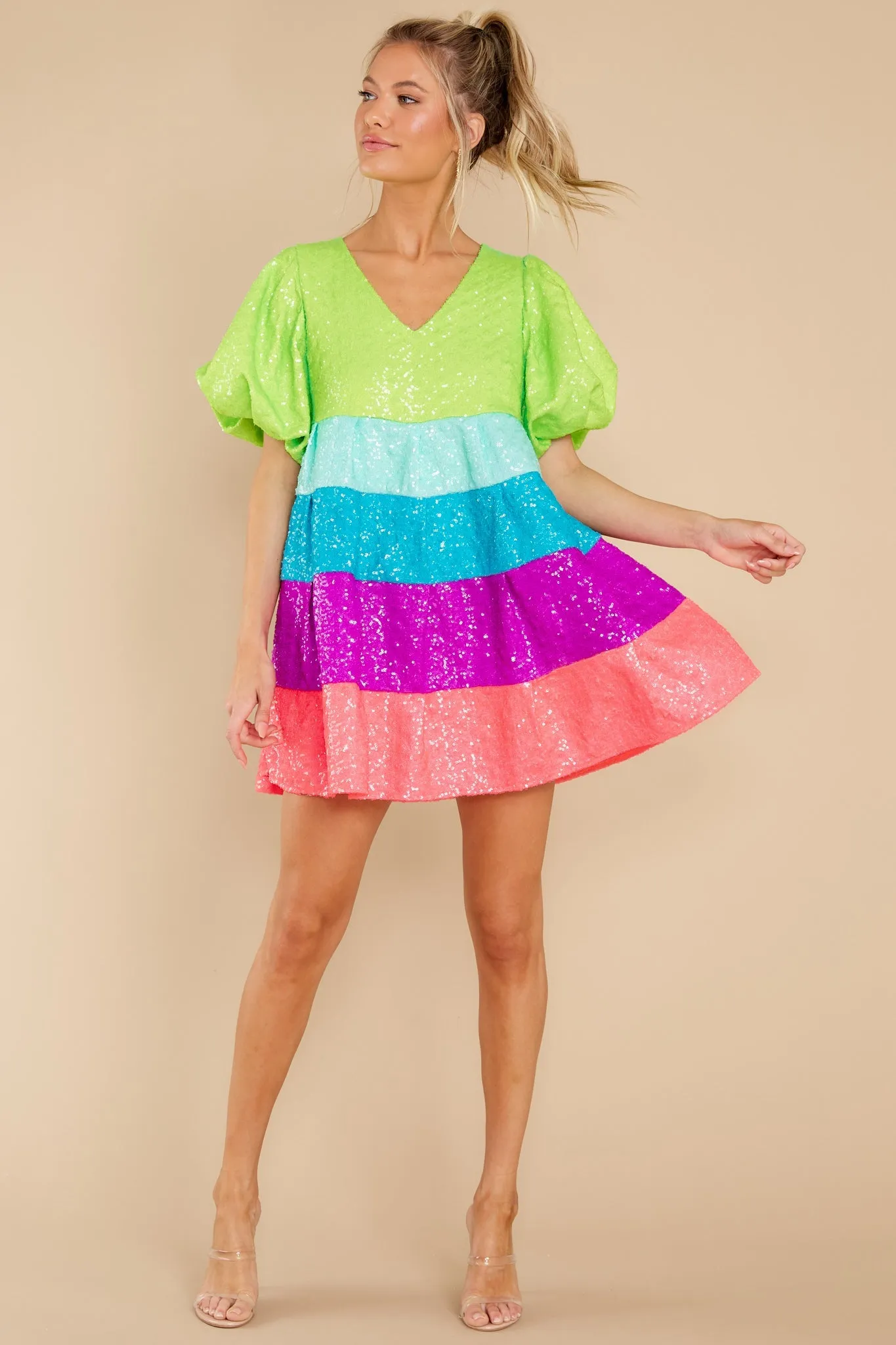 Neon Tiered Poof Sleeve Dress