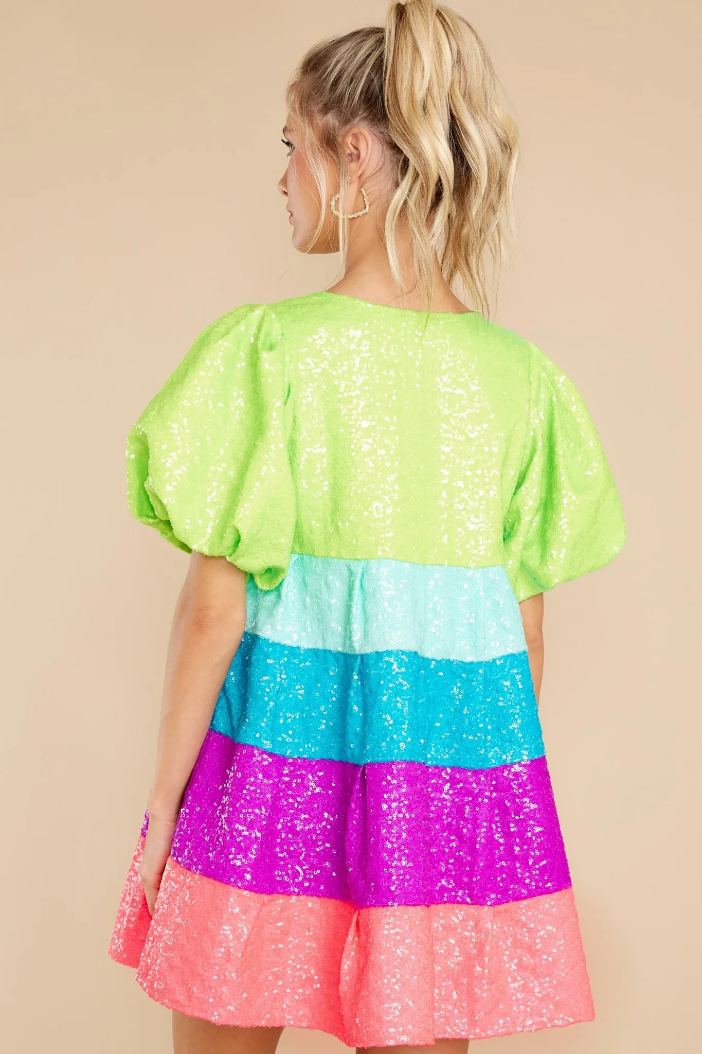 Neon Tiered Poof Sleeve Dress