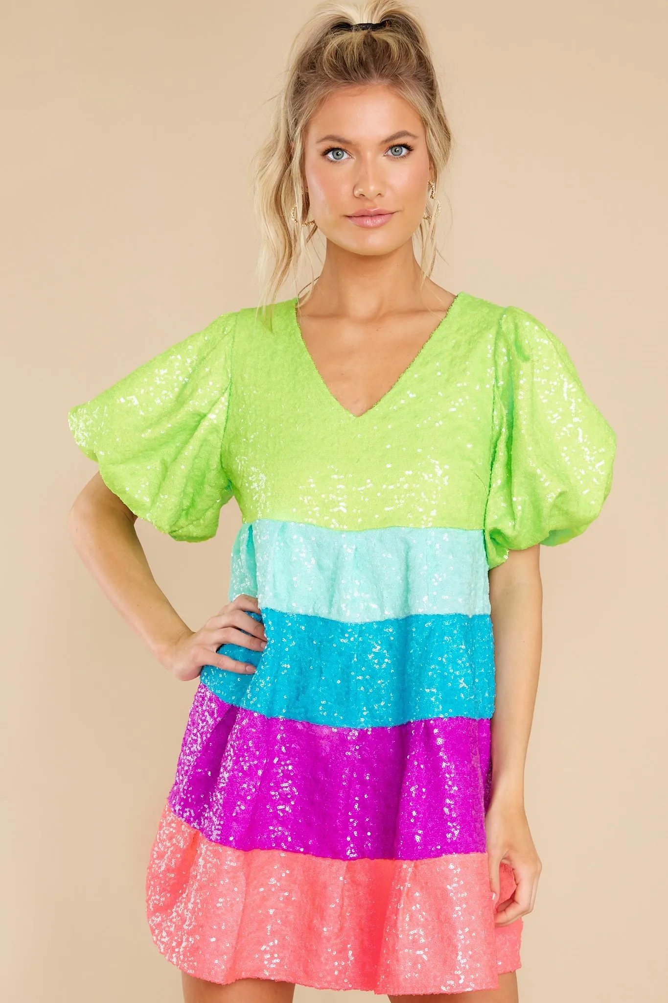 Neon Tiered Poof Sleeve Dress