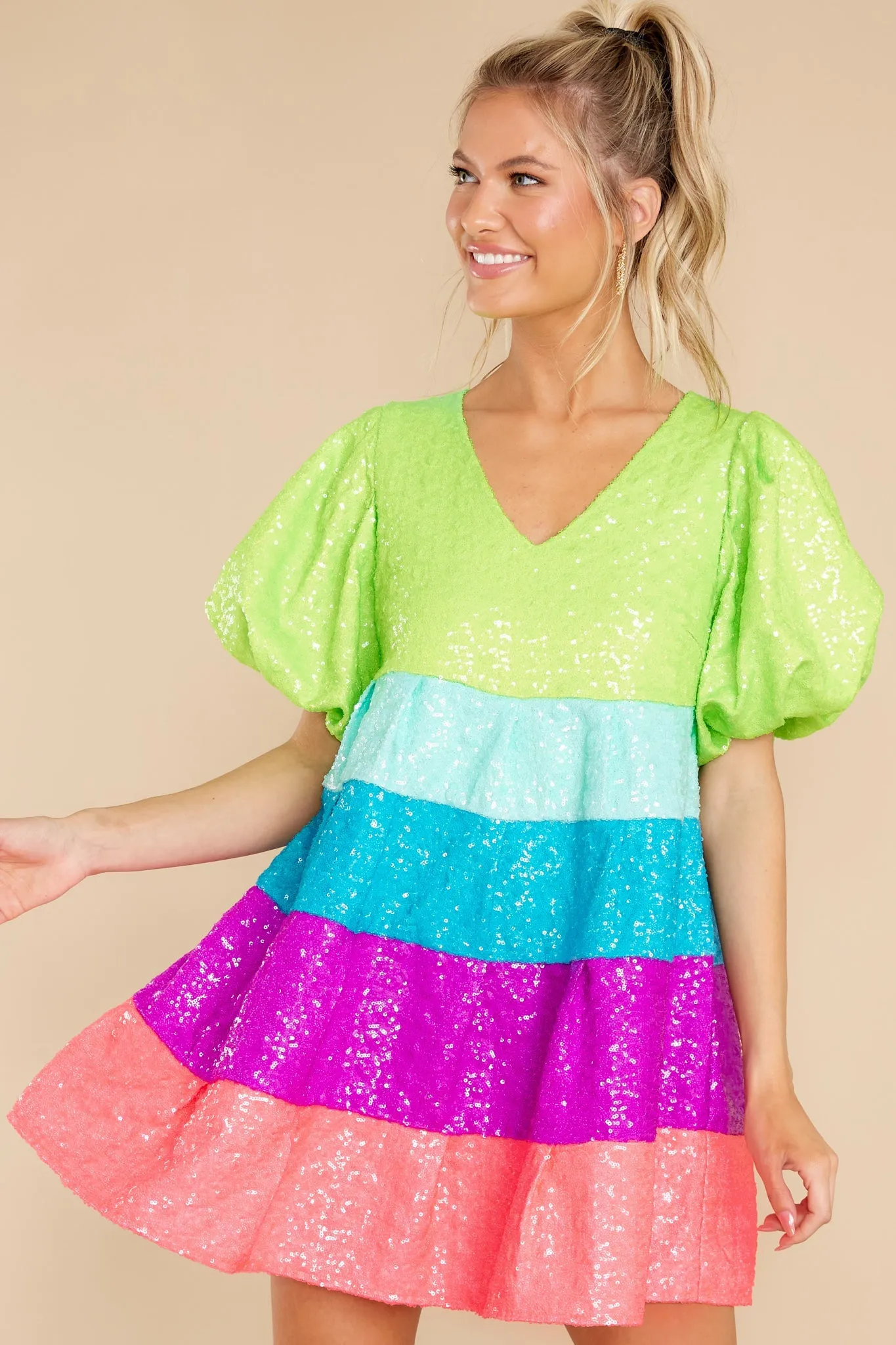 Neon Tiered Poof Sleeve Dress