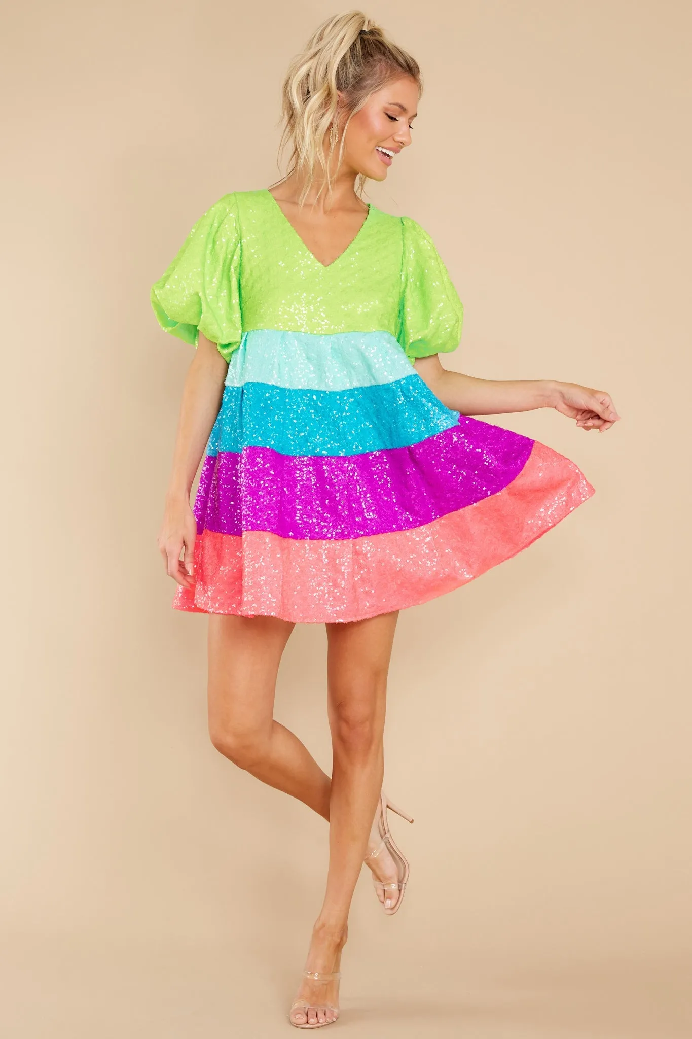 Neon Tiered Poof Sleeve Dress