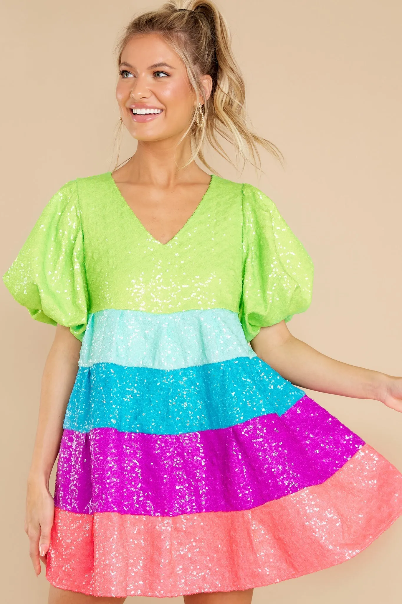 Neon Tiered Poof Sleeve Dress