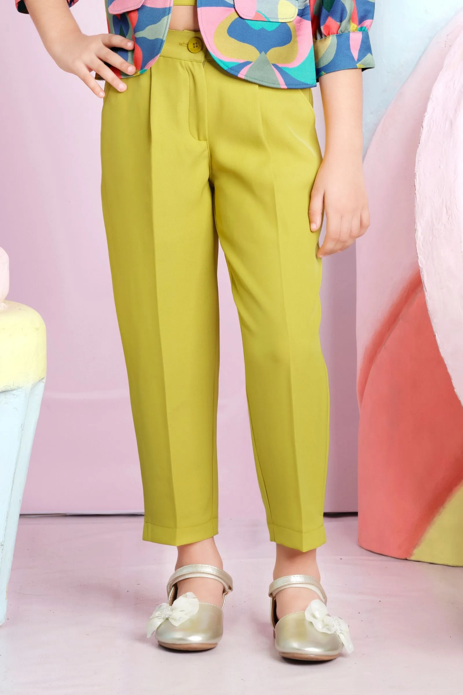 Neon Yellow Multicolor Printed Overcoat Styled Co-ord Set for Girls