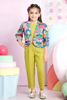 Neon Yellow Multicolor Printed Overcoat Styled Co-ord Set for Girls