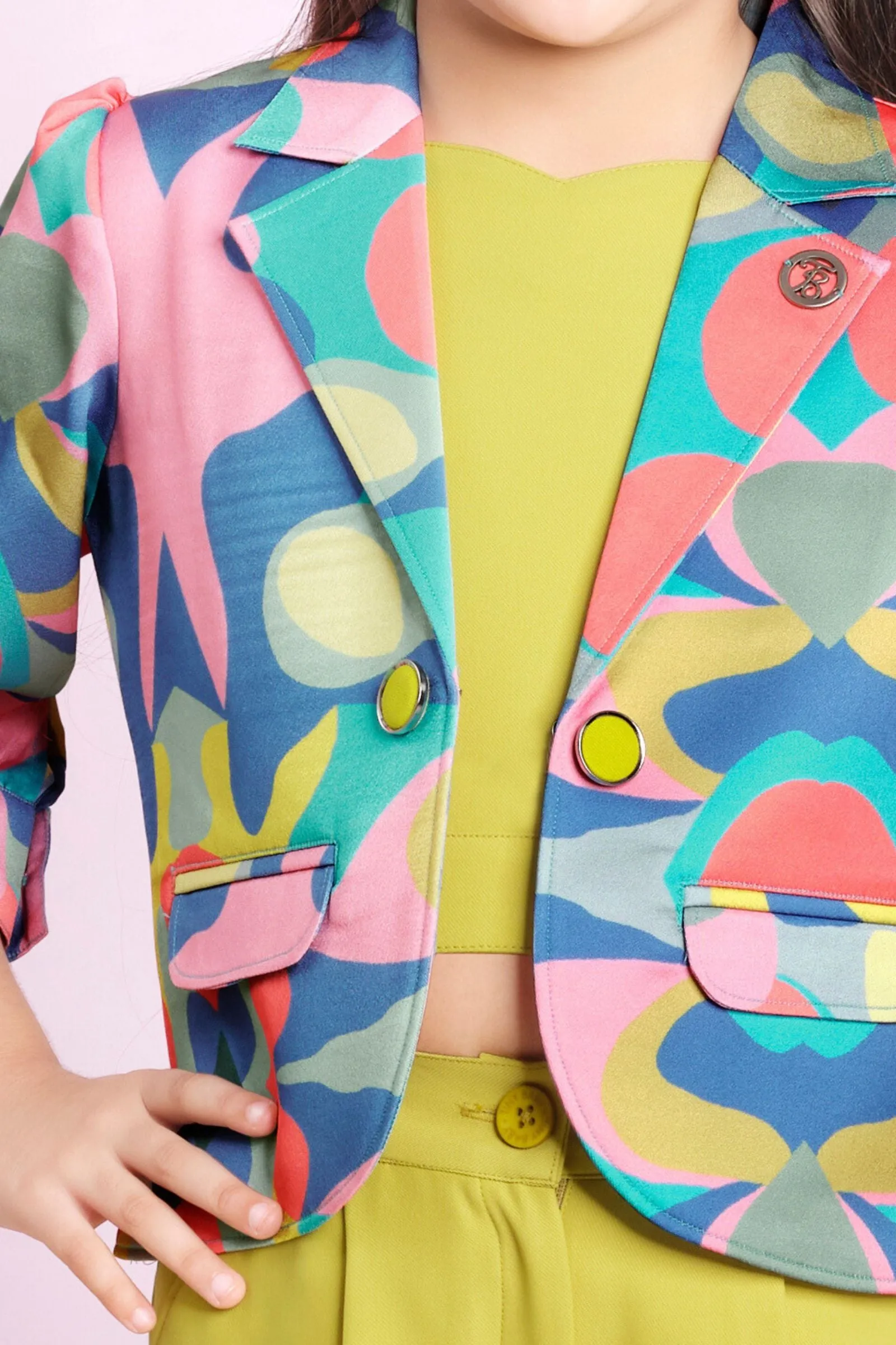 Neon Yellow Multicolor Printed Overcoat Styled Co-ord Set for Girls