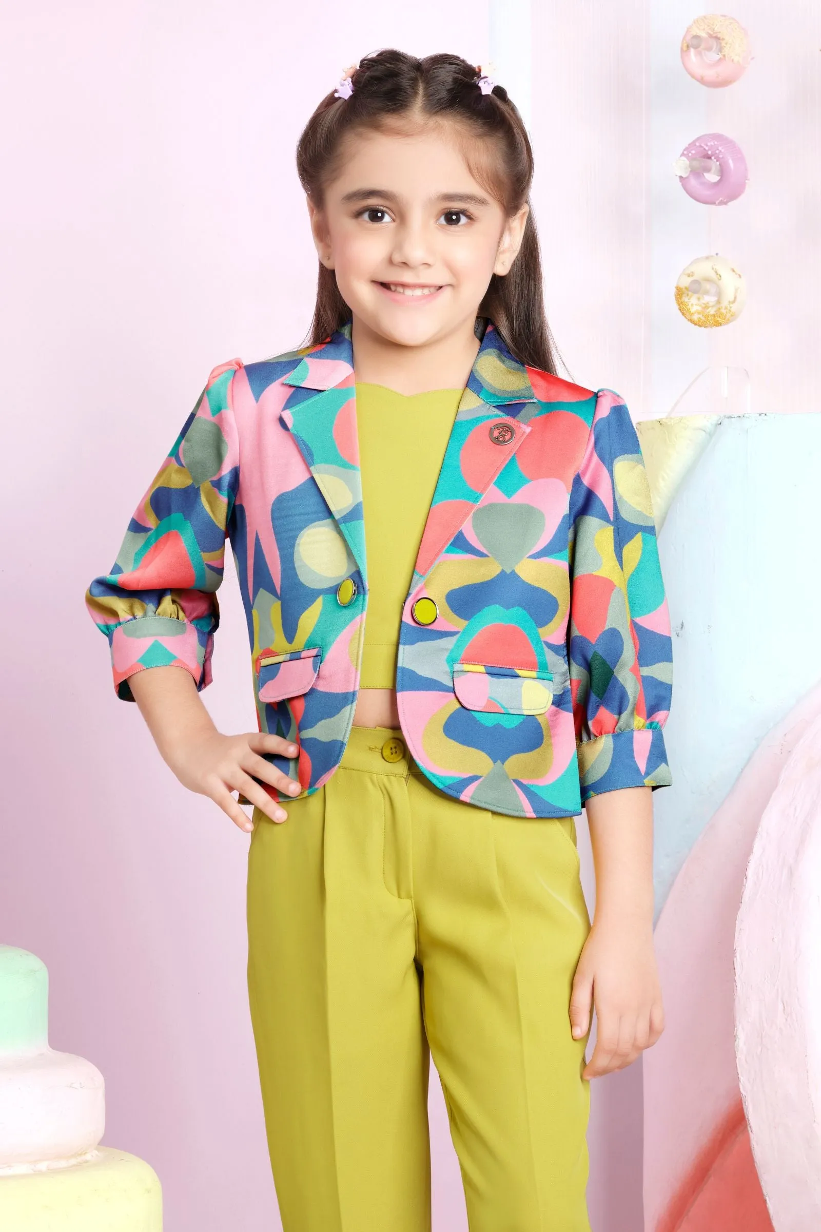 Neon Yellow Multicolor Printed Overcoat Styled Co-ord Set for Girls