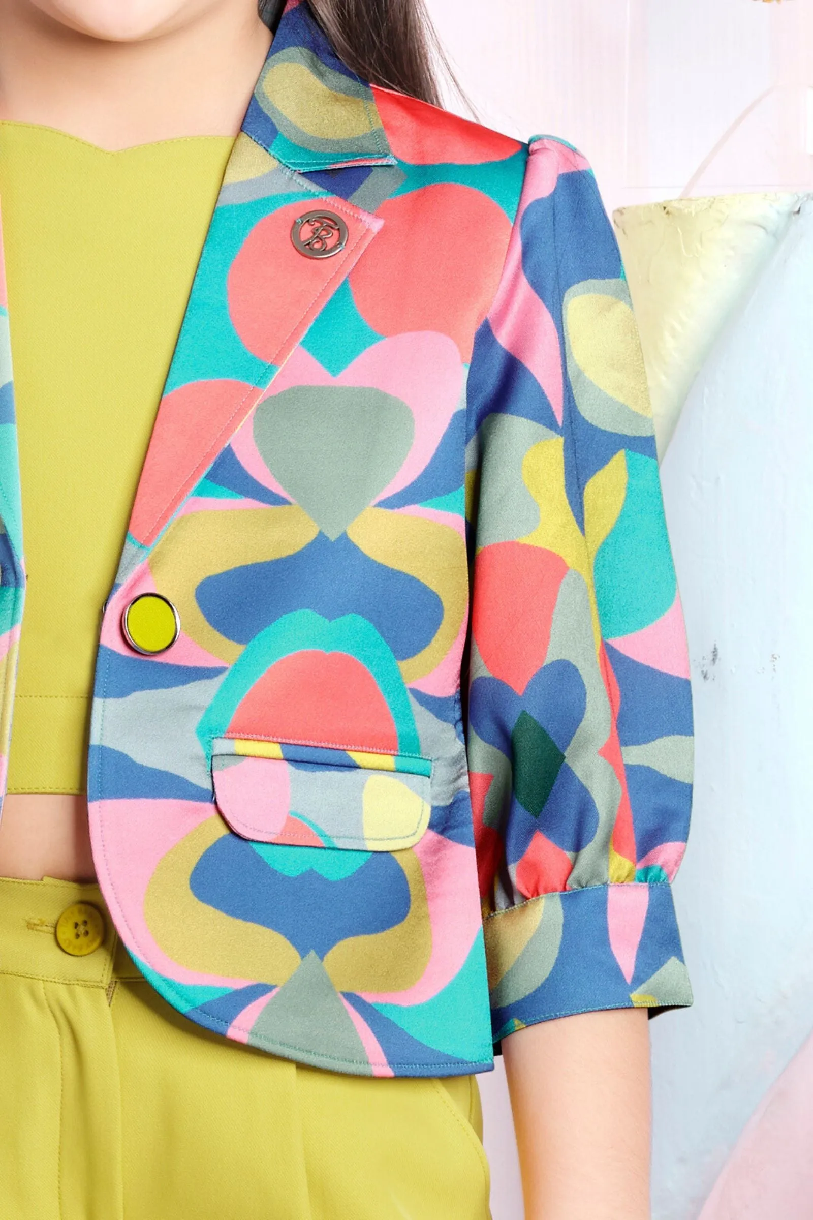 Neon Yellow Multicolor Printed Overcoat Styled Co-ord Set for Girls